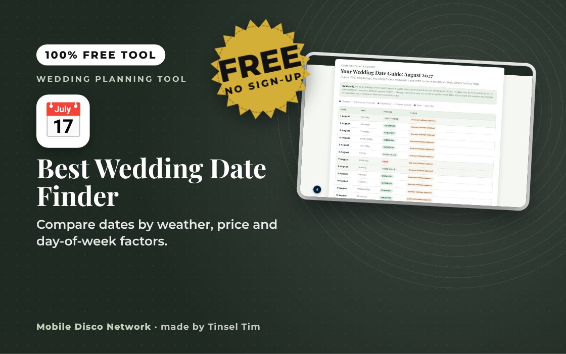 Wedding date finder calendar with bank holidays and clash days