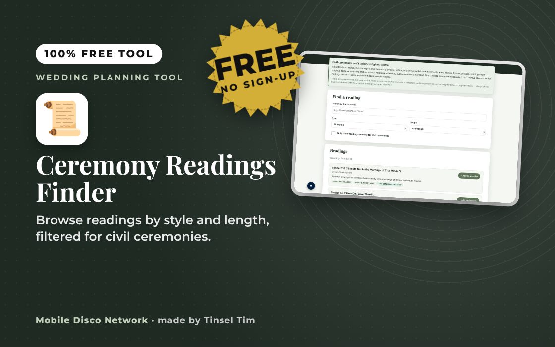 Finder for wedding ceremony readings by style and length