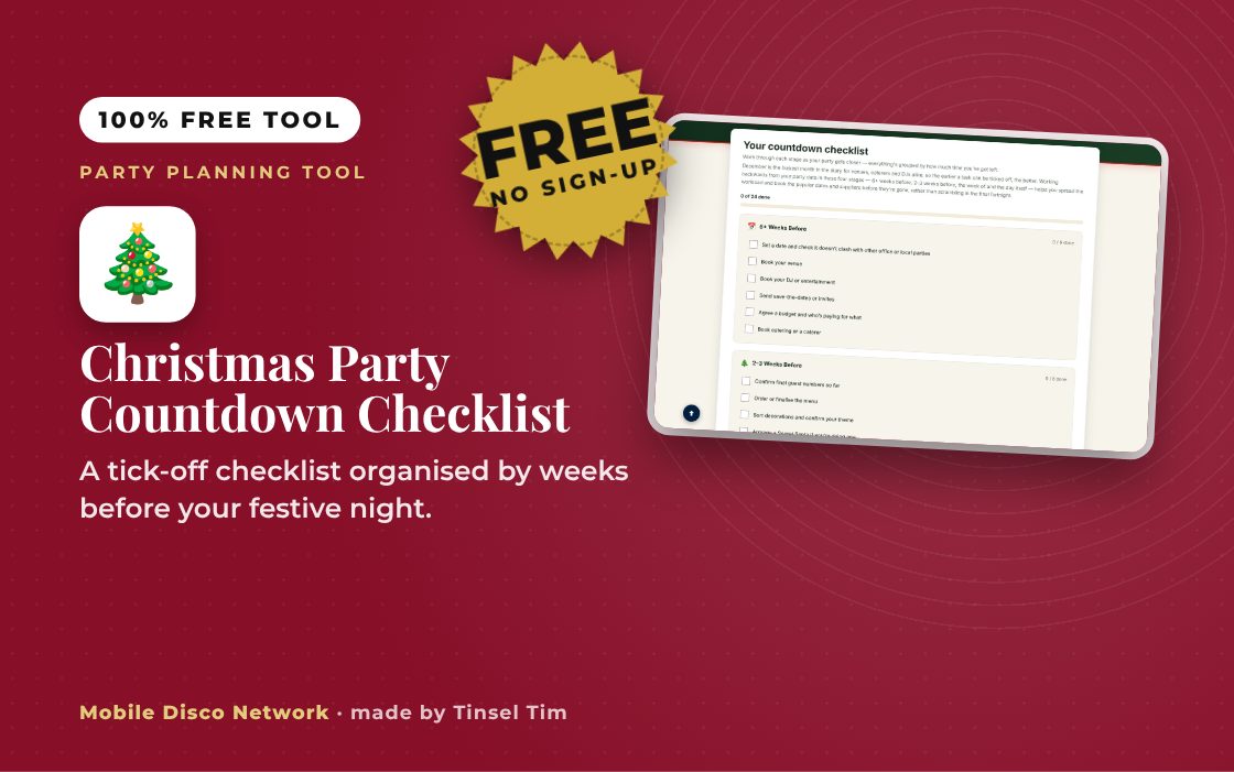 Christmas party planning checklist with tasks grouped by weeks to go