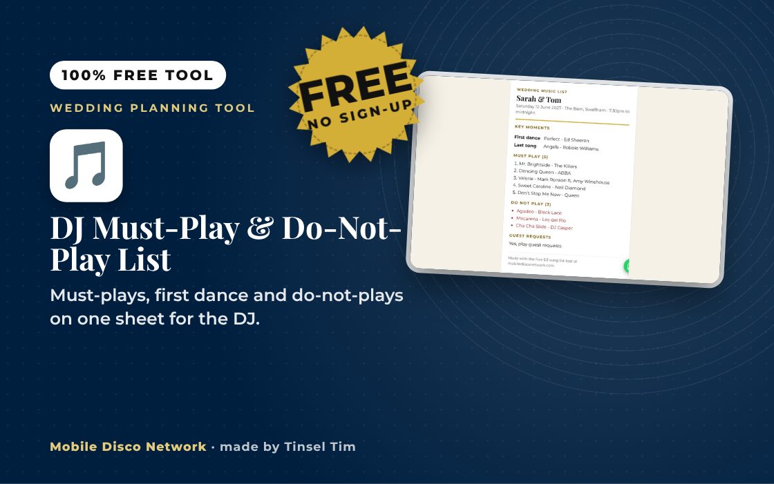 DJ song list sheet with first dance, must-play and do-not-play songs