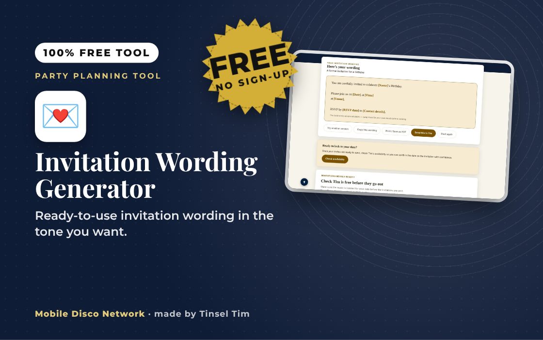 Party invitation wording generator with tone and milestone choices