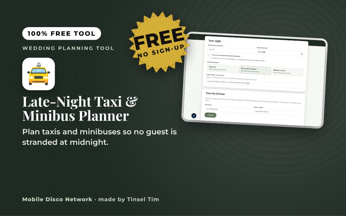 Wedding guest transport planner for taxis and minibuses