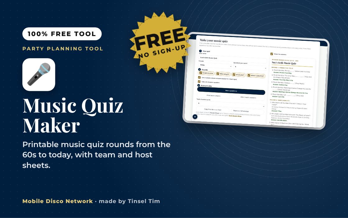 Music quiz questions for an 80s quiz with team and host sheets