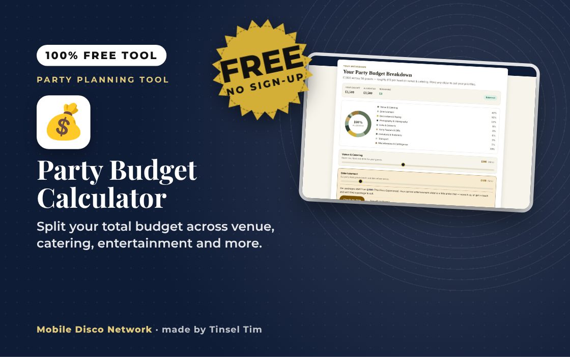 Party budget calculator splitting a budget across nine categories