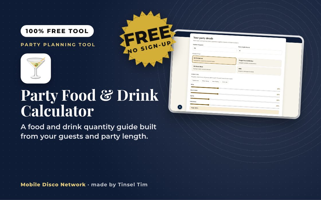 Party food calculator with food and drink quantities