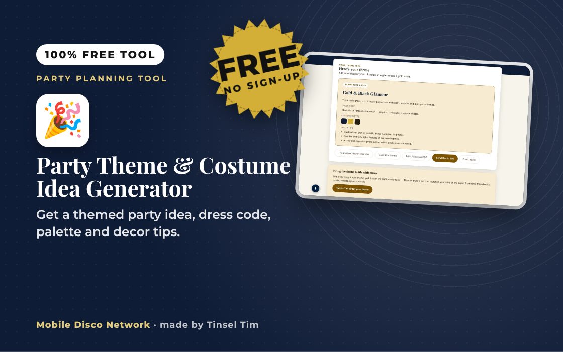 Generator of fancy dress themes with dress code and colours