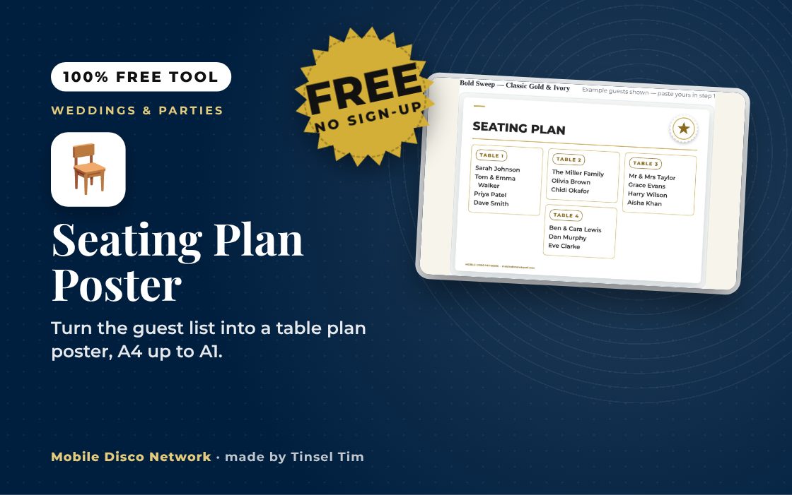 Printable table plan poster listing guests by table