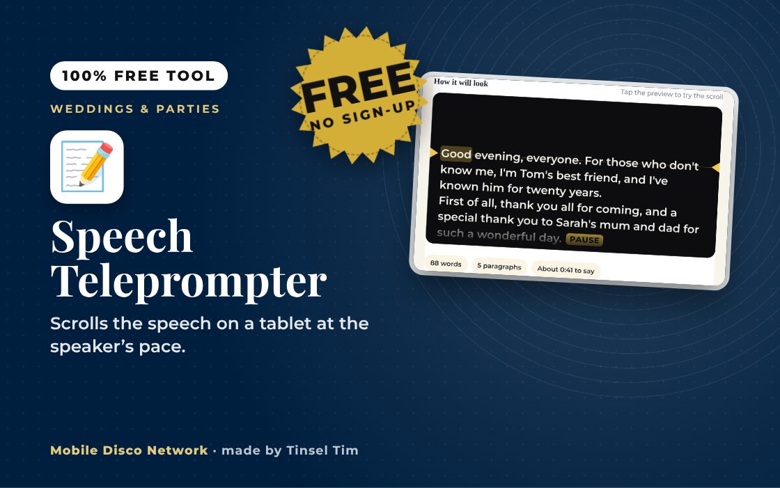 Free online teleprompter scrolling a wedding speech on a tablet