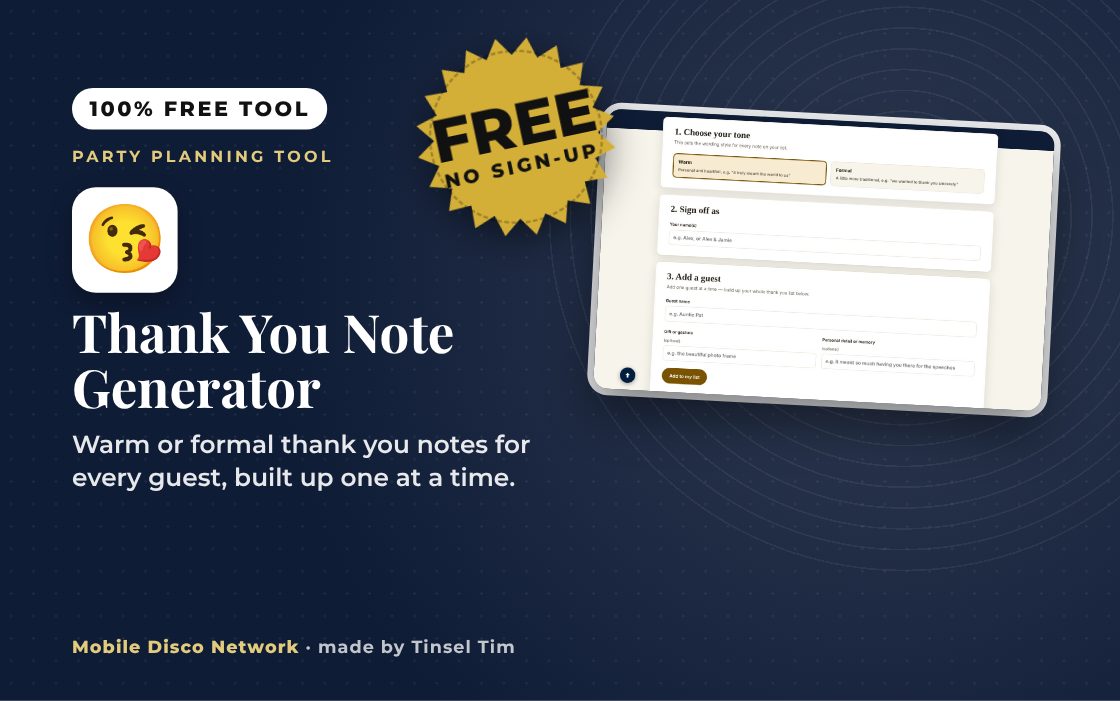 Party thank you message generator with a warm or formal tone
