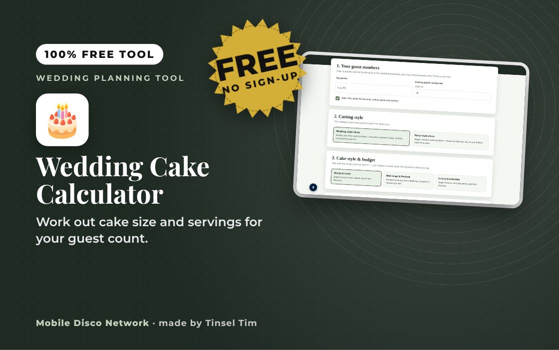 Wedding cake calculator showing tiers and portions
