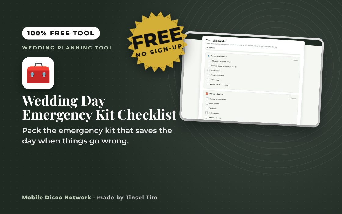 Wedding emergency kit checklist in five sections