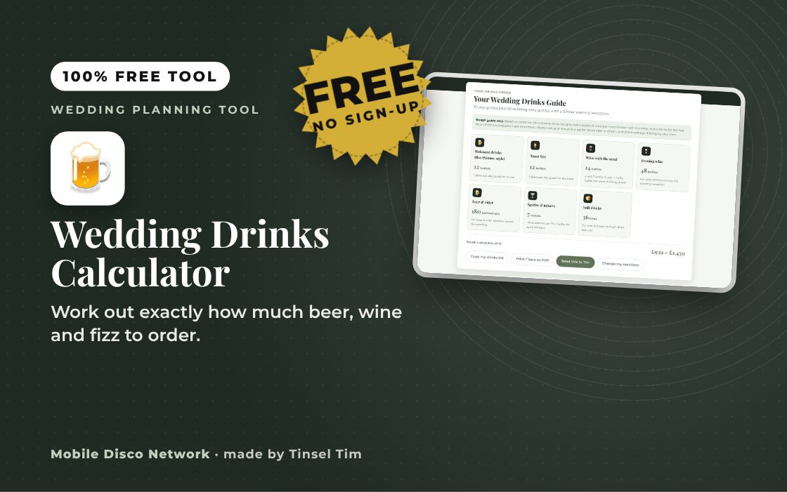 Wedding drinks calculator showing bottles of wine, fizz and beer