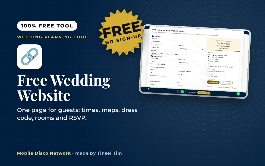 Free wedding website for guests with times, venues and an RSVP button