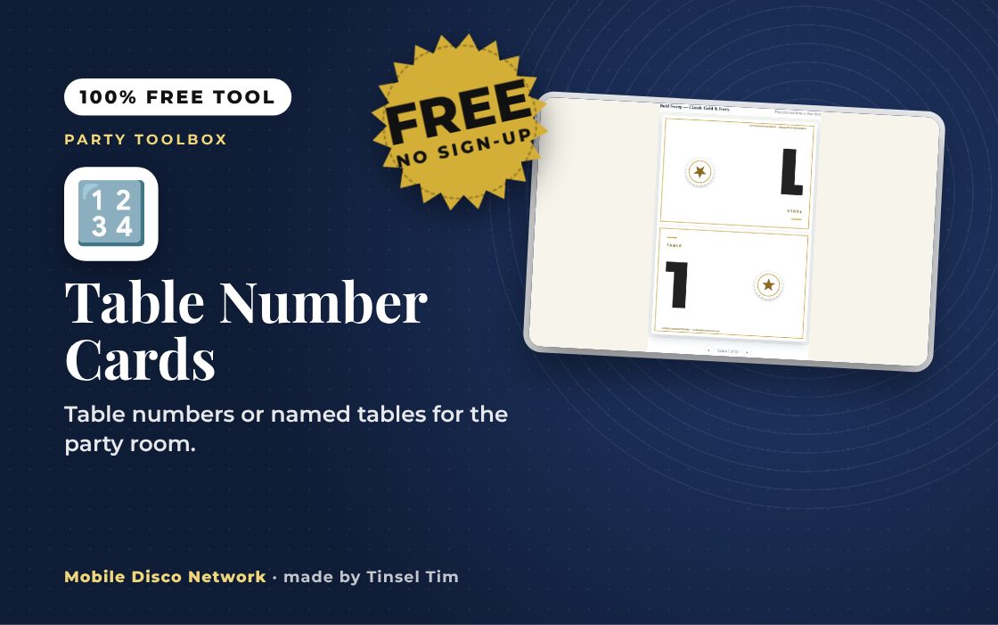 Table Number Cards: free tool from Mobile Disco Network