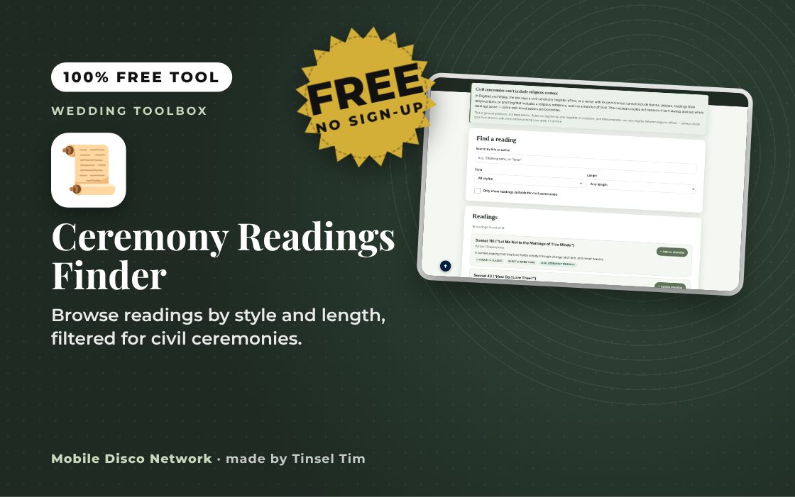 Ceremony Readings Finder: free tool from Mobile Disco Network