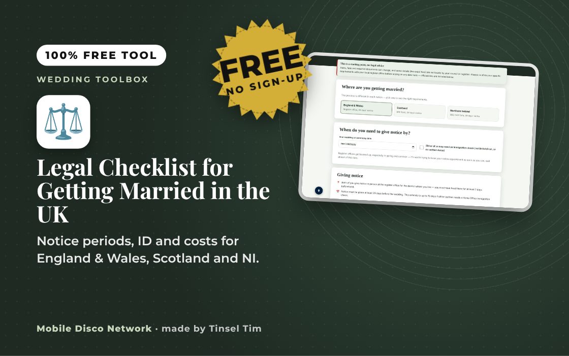 Legal Checklist for Getting Married in the UK: free tool from Mobile Disco Network