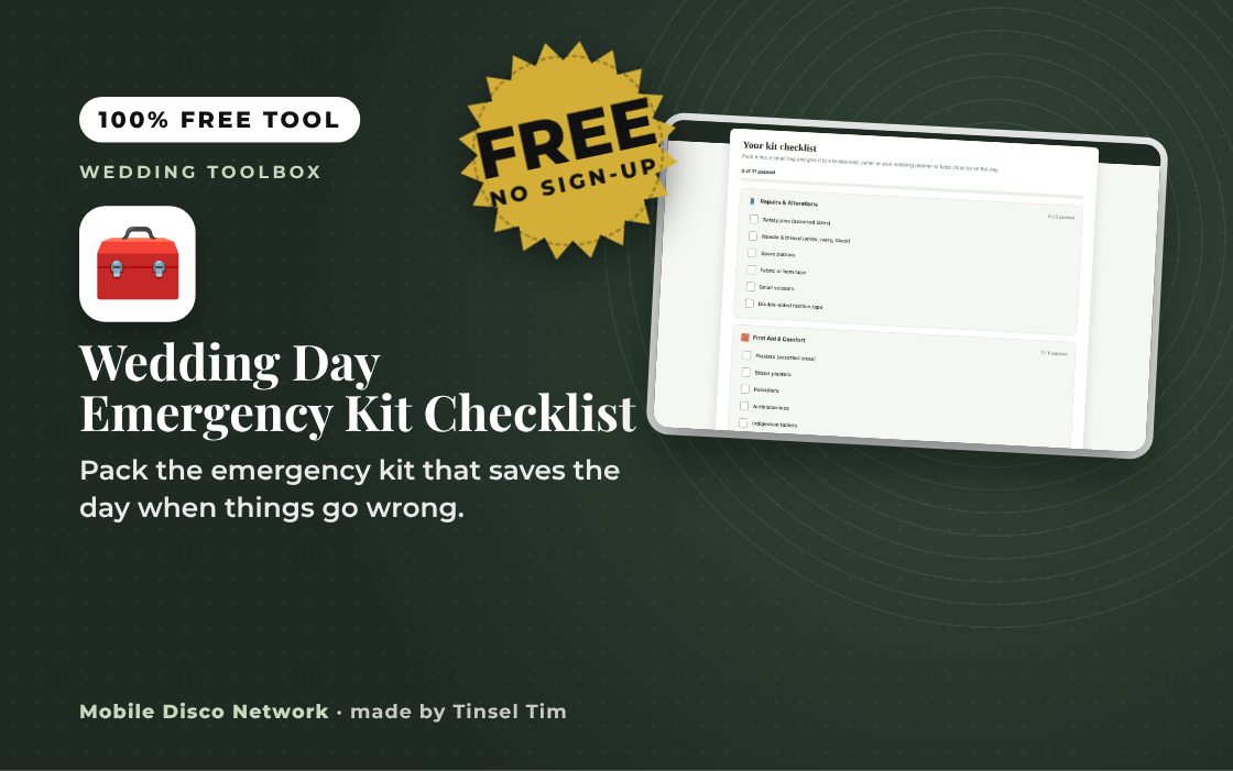 Wedding Day Emergency Kit Checklist: free tool from Mobile Disco Network