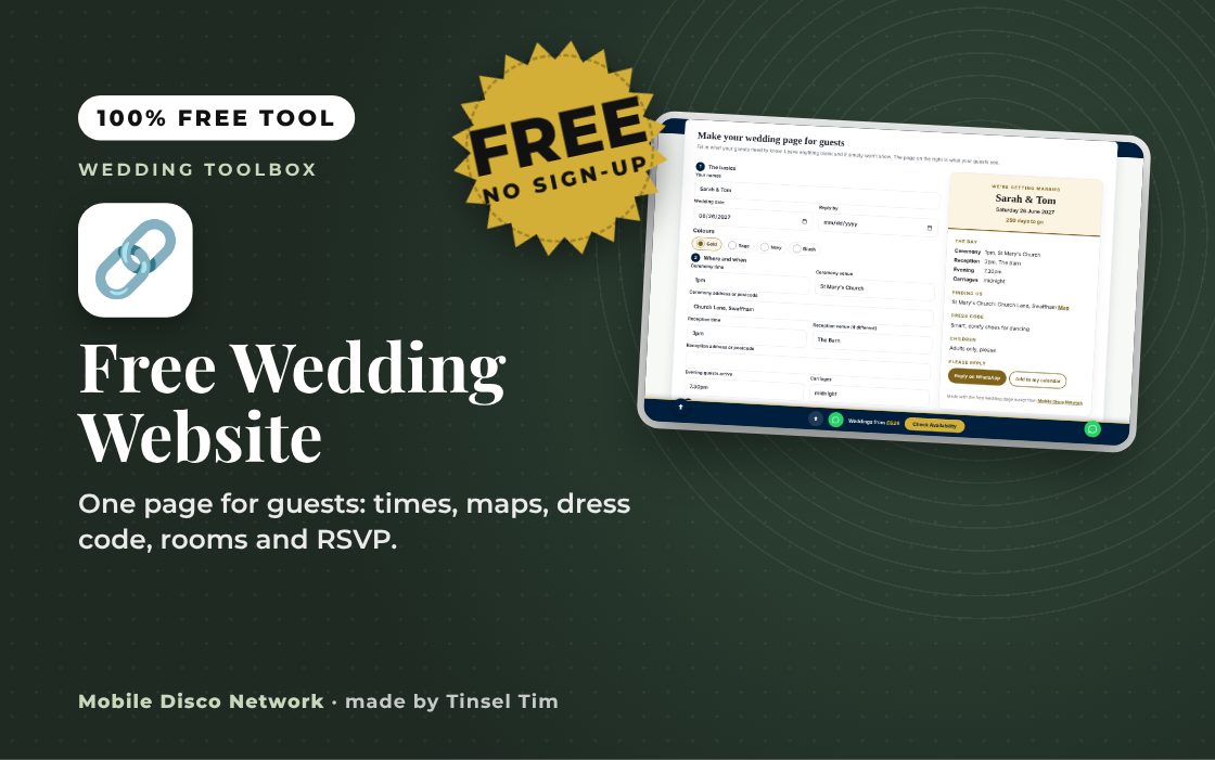 Free Wedding Website: free tool from Mobile Disco Network