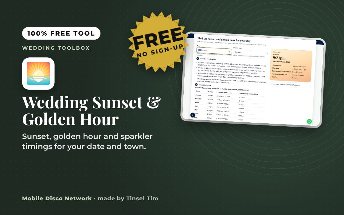 Wedding Sunset & Golden Hour: free tool from Mobile Disco Network