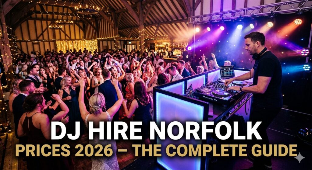 DJ hire Norfolk prices 2026 — professional DJ performing at a Norfolk wedding venue with LED lighting and packed dance floor