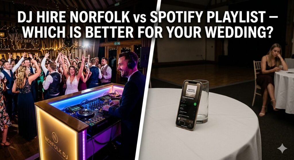 DJ hire Norfolk vs Spotify — professional DJ performing at a packed Norfolk wedding dance floor compared to a lone smartphone and empty dance floor