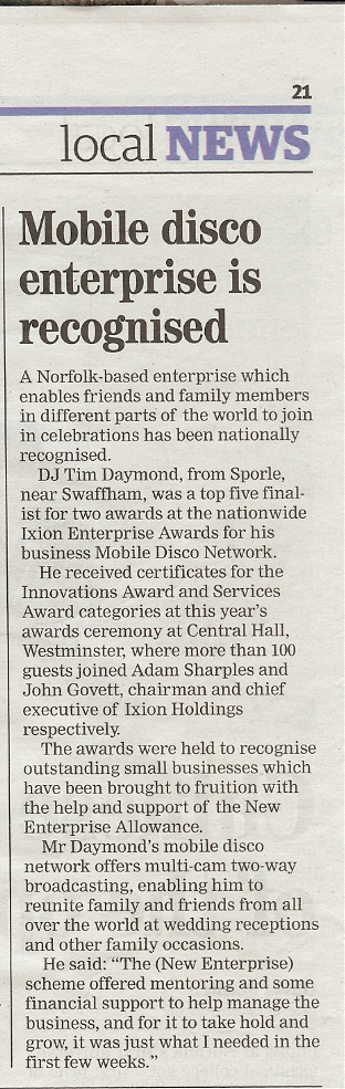 Award winning mobile disco newspaper announcement detailing business success stories across Norfolk Suffolk Cambridgeshire and Lincolnshire
