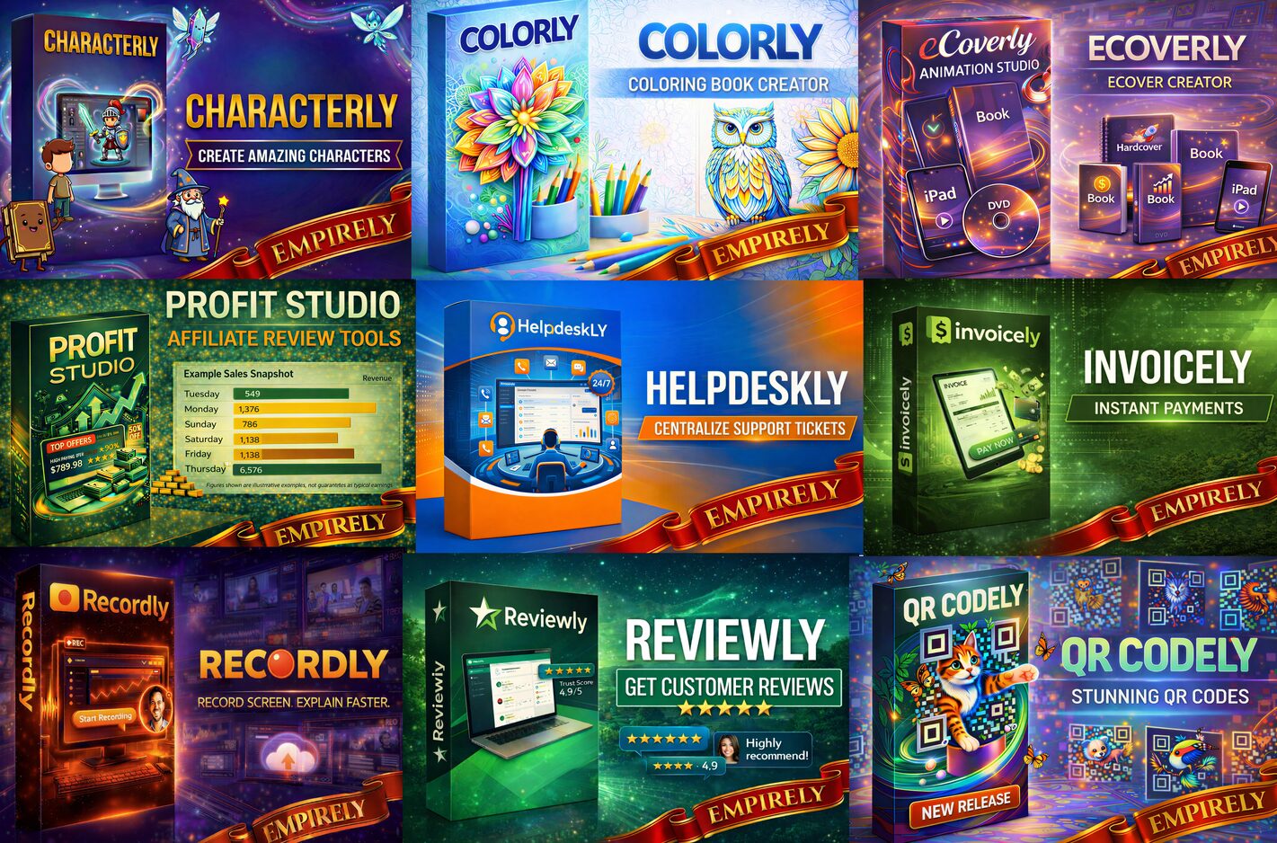 Empirely AI dashboard showing 30 plus marketing tools including ebook creator, sales funnel builder, and social media template designer.