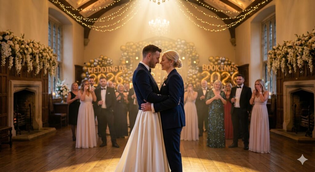 First dance songs Norfolk — couple sharing romantic first dance at a stunning Norfolk barn wedding venue with warm golden lighting and celebrating guests