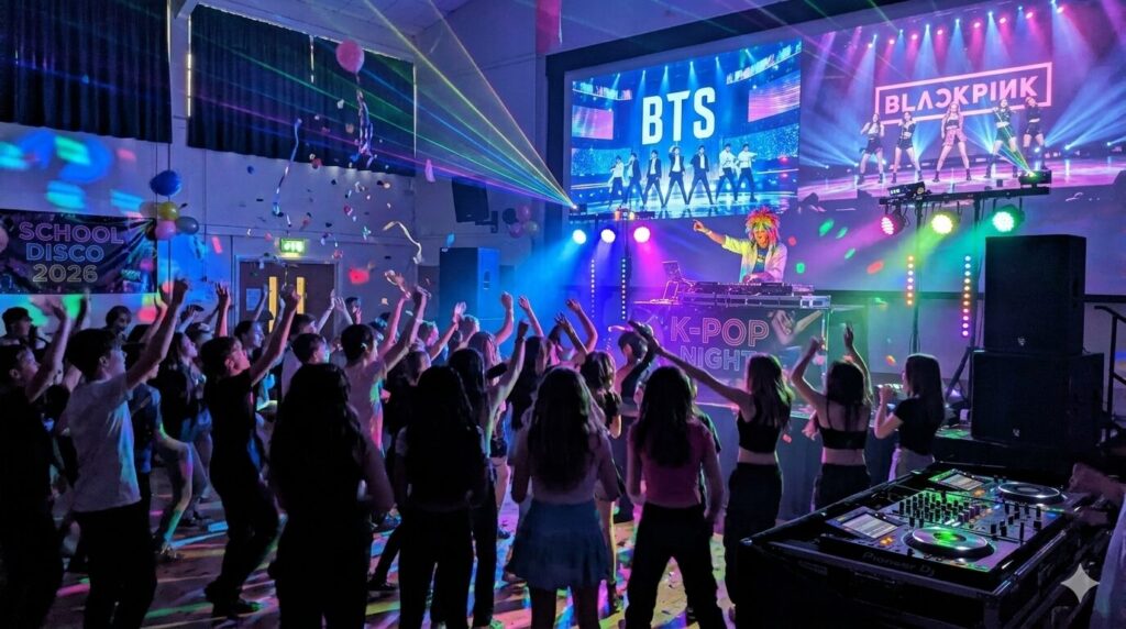 K-Pop party DJ East Anglia — teenagers dancing to BTS and BLACKPINK at a Norfolk school disco 2026