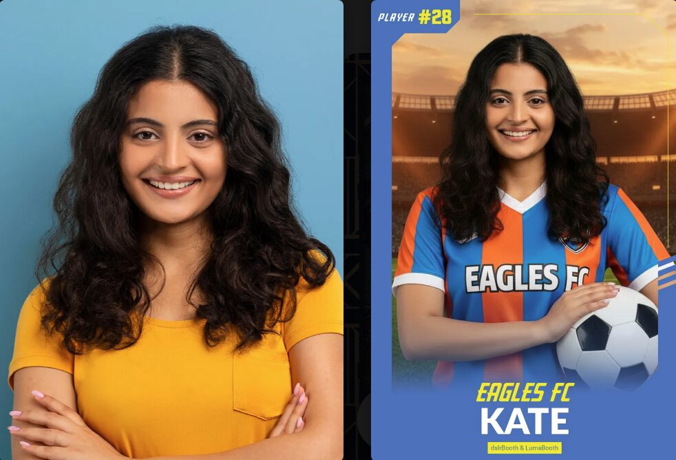 Example AI portrait transformation: guest's name and details woven into a personalised football jersey design