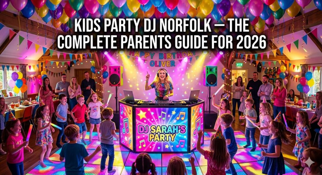 Kids party DJ Norfolk — professional children's DJ entertaining kids at a colourful Norfolk birthday party with LED lighting and dancing children