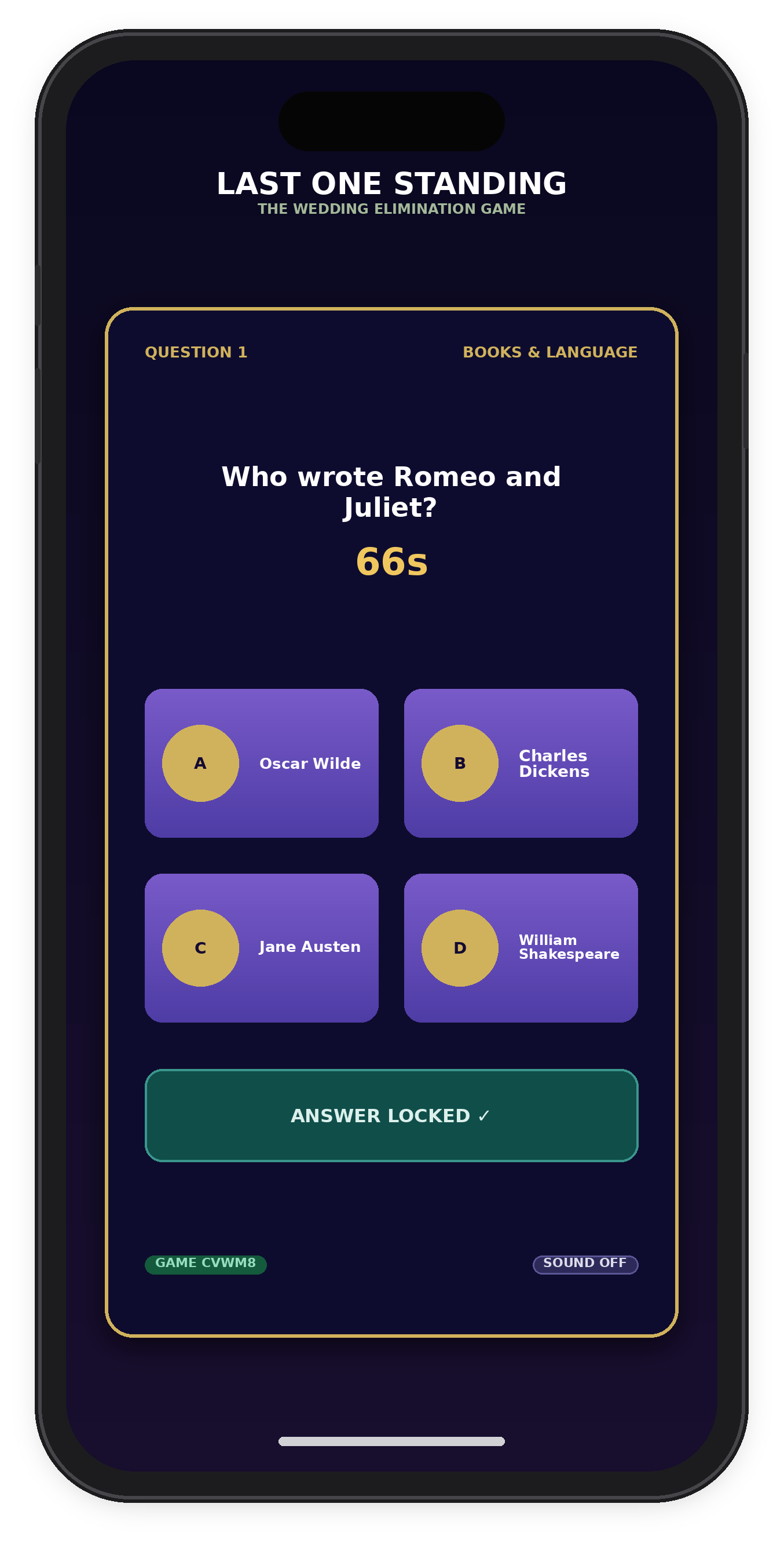 Last One Standing retro disco party elimination quiz game shown on a smartphone