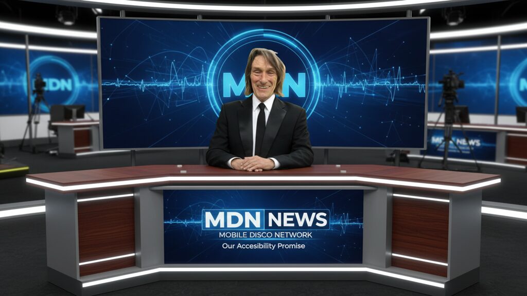 DJ Tim from Mobile Disco Network presenting the company's commitment to website accessibility in a professional news studio setting.