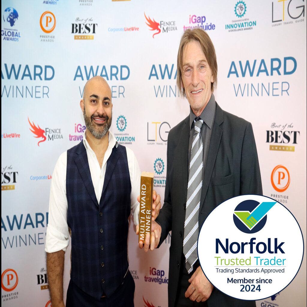 The Official Awards Press Hub banner for Mobile Disco Network, showcasing the Prestige Gold Trophy and Norfolk Trusted Trader logo.