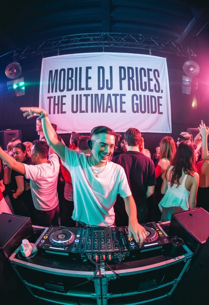 A smiling professional DJ with glasses performing at a vibrant event with a banner behind him reading 'MOBILE DJ PRICES: THE ULTIMATE GUIDE