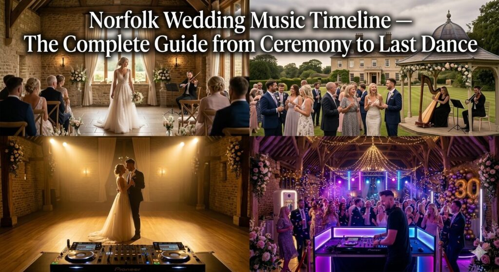Norfolk wedding music timeline — professional DJ
performing at a Norfolk wedding from the ceremony to last dance with guests celebrating
