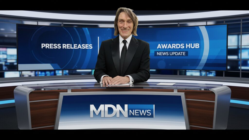 Official Awards Press Hub news anchor update background featuring the MDN News studio desk with latest press releases and industry milestones screens.