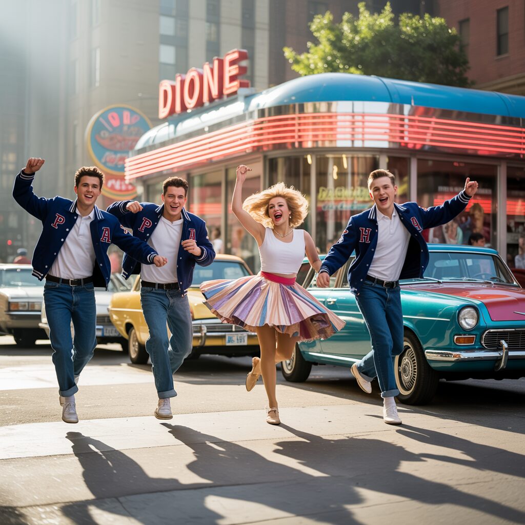 Top 20 50s Classics A lively 1950s diner dance party with a vintage jukebox and guests dancing