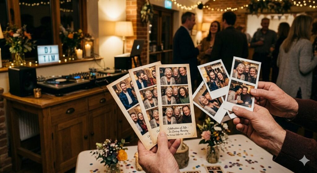 Photo booth hire East Anglia celebration of life — Vintage Selfie Pod memorial keepsake photos at a tribute gathering across Norfolk Suffolk