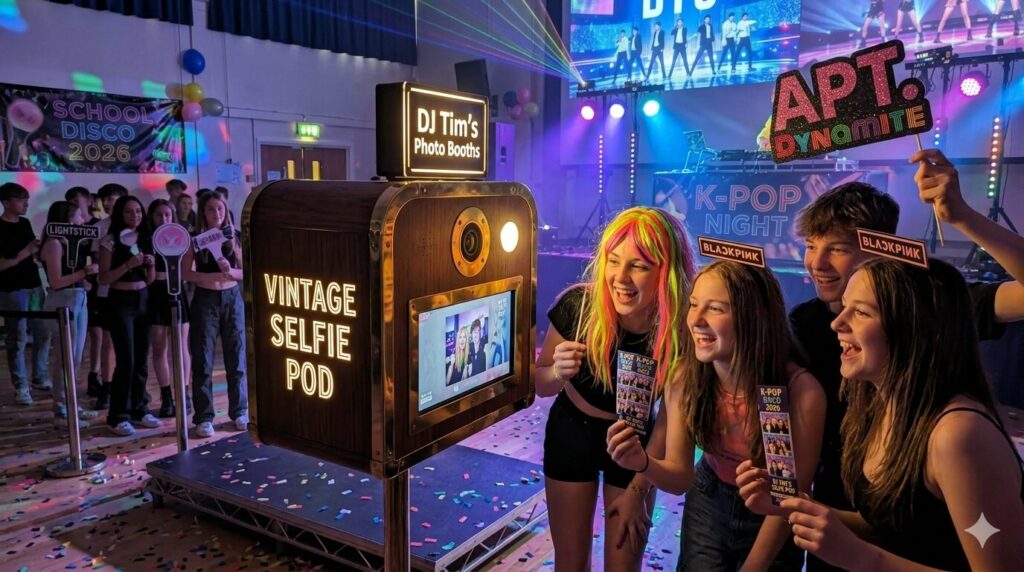 Photo booth hire East Anglia — guests at a K-Pop themed party using DJ Tim’s Vintage Selfie Pod.