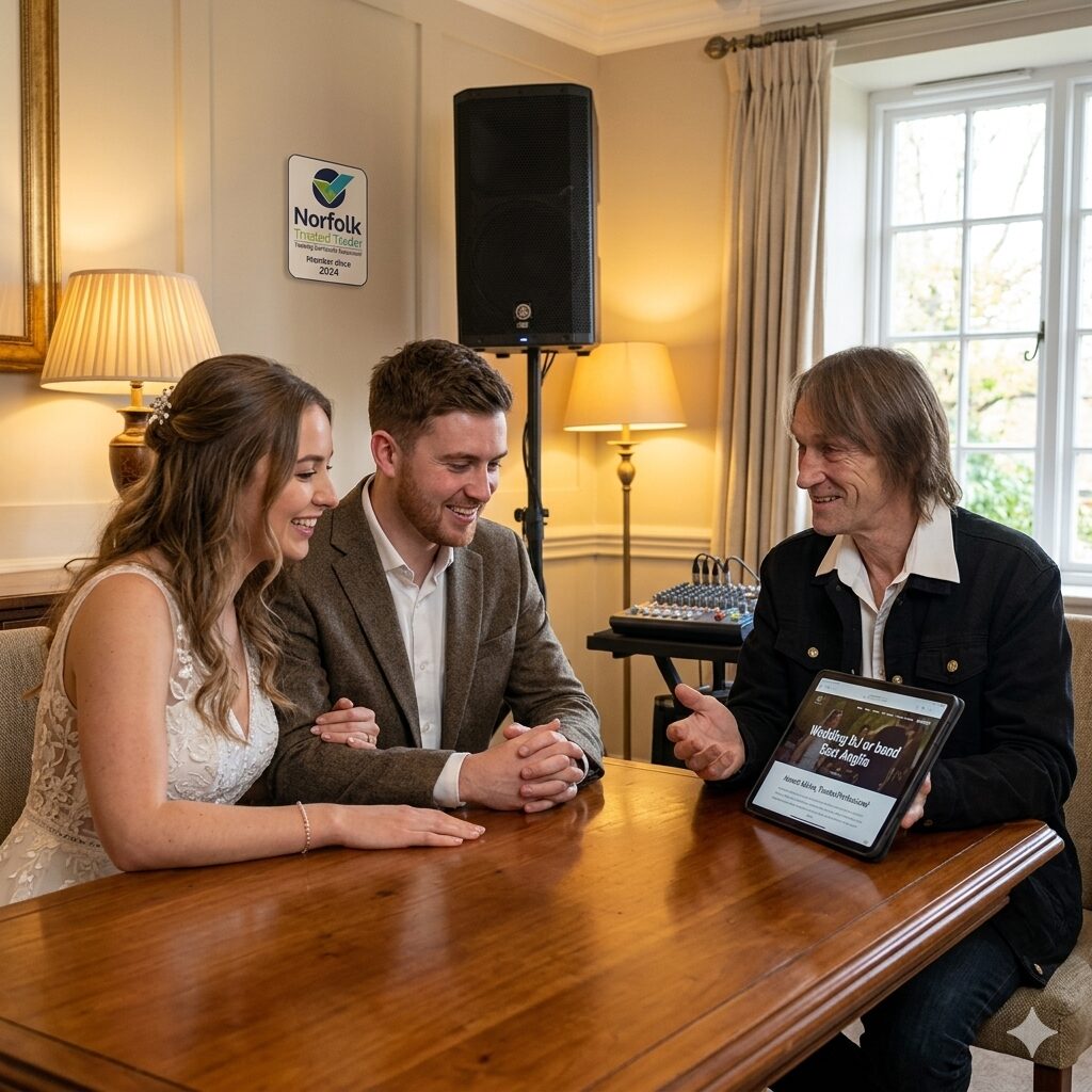 : Questions to ask wedding DJ East Anglia — DJ Tim in pre-wedding consultation with couple across Norfolk Suffolk Cambridgeshire Lincolnshire Tim is a Trusted Trader, Trading Standards Approved DJ