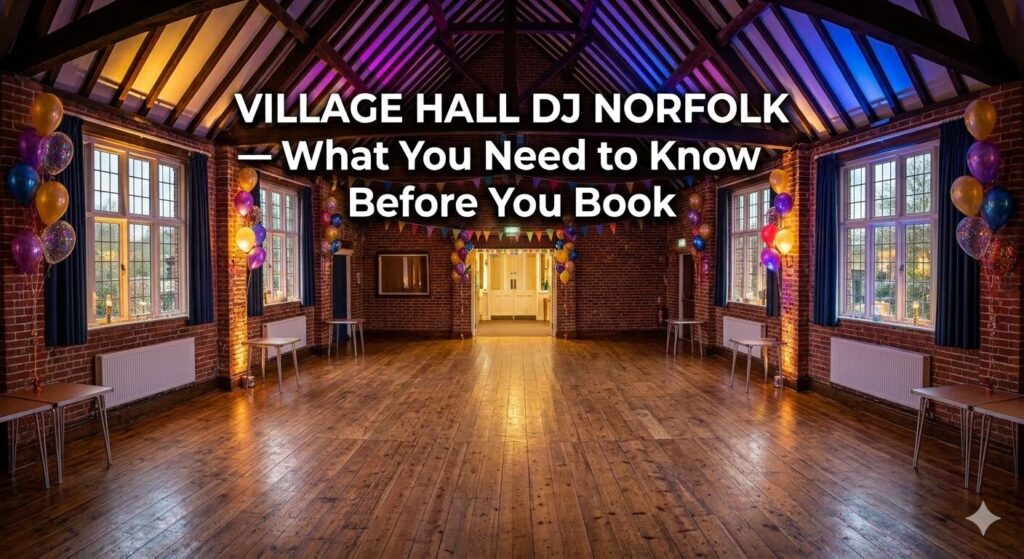Village hall DJ Norfolk — professional DJ performing at a vibrant Norfolk village hall birthday party with LED lighting and celebrating guests on a packed dance floor