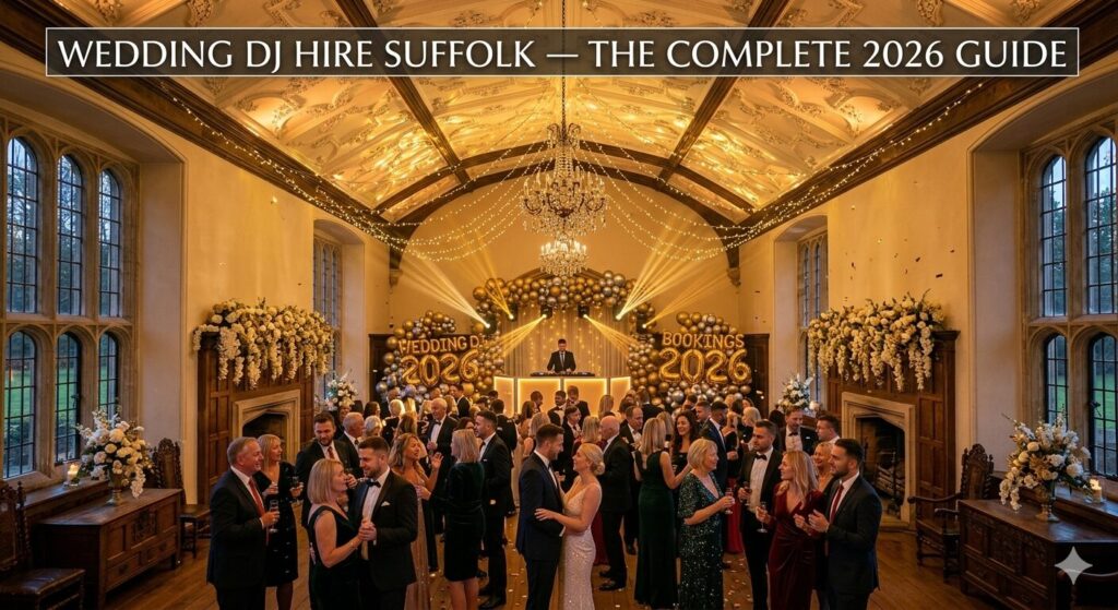 Wedding DJ hire Suffolk — professional DJ performing at a stunning Suffolk barn wedding venue with warm golden LED lighting and celebrating guests on a packed dance floor