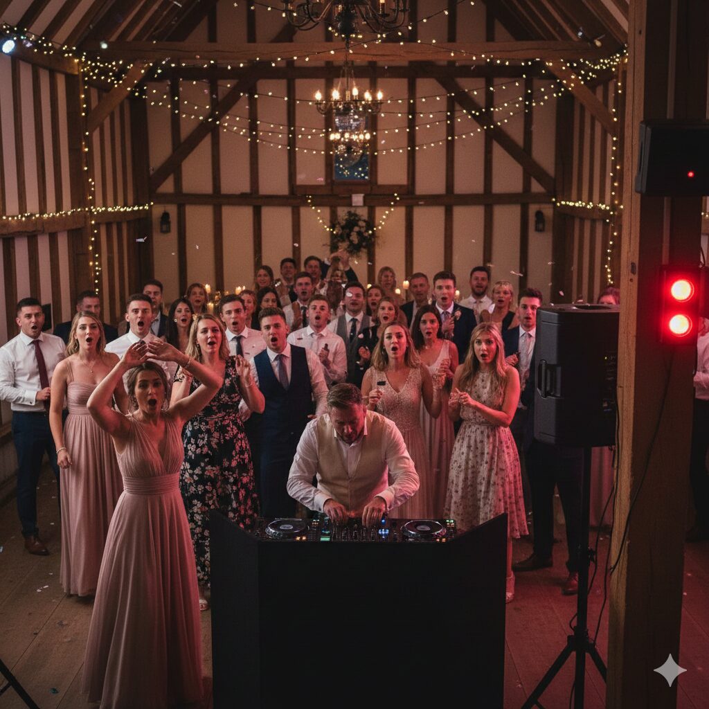 A shocked wedding party in a Norfolk barn venue as a sound limiter red light trips, cutting the power to the professional DJ setup and stopping the music during a singalong.